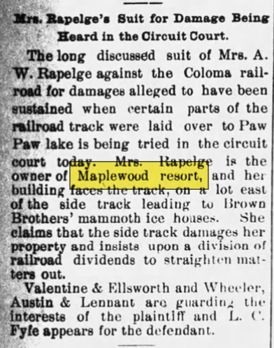 Maplewood Resort (Smallbones Resort) - Nov 1897 Article